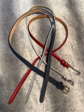 3 small leather belts - red, white, silver
